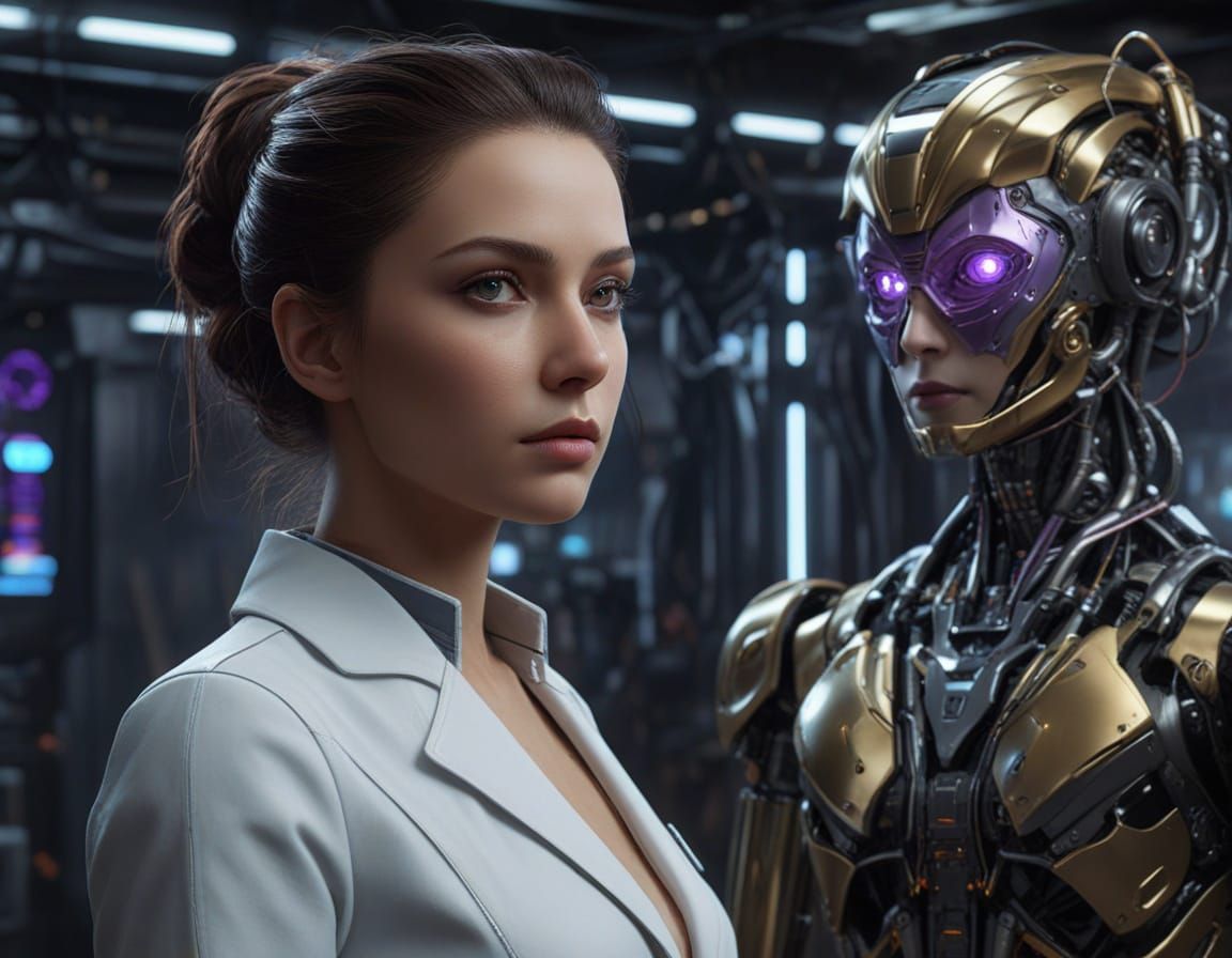 In the image, a woman scientist in a white latex lab coat interacts closely with a humanoid woman-robot. The scientist h...