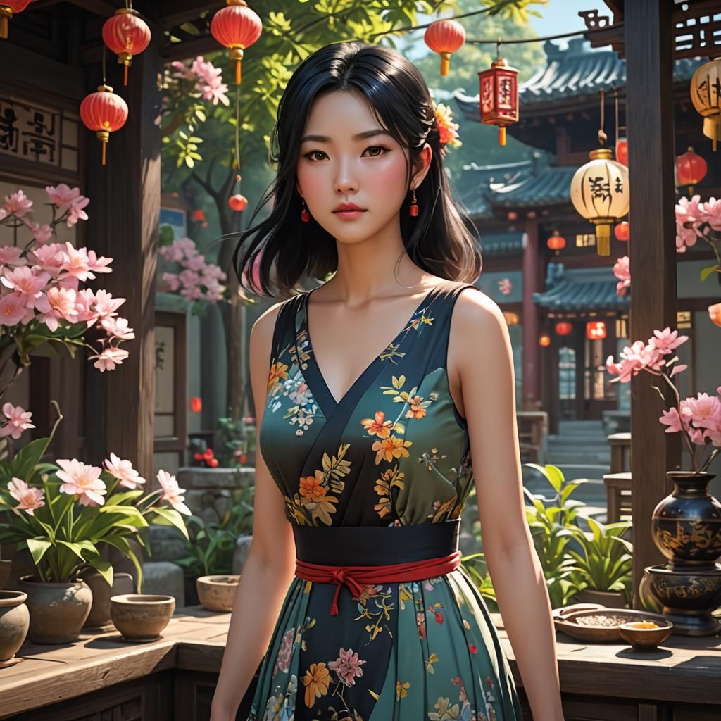 Beautiful Chinese Woman in Sundress: Anime Style