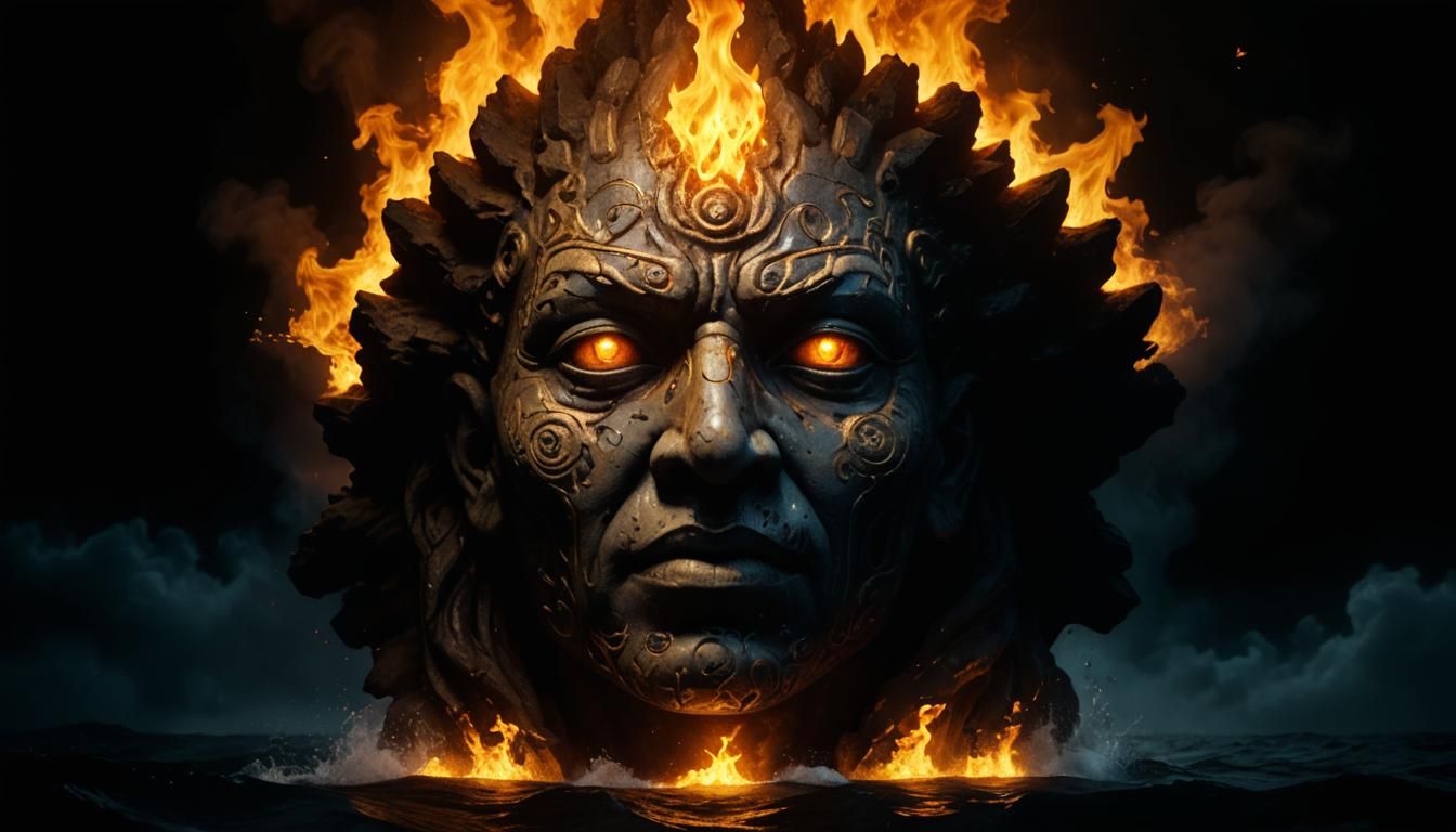 Flaming Stone Face Emerges from Ocean: Hyperrealistic 8K