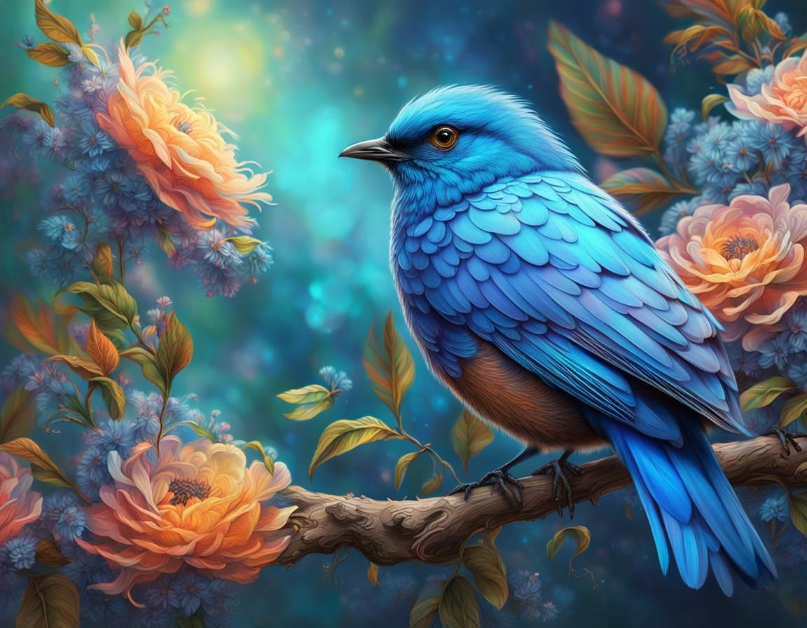 Bluebird Fractal Splash Art: Intricate Feathers and Bloom