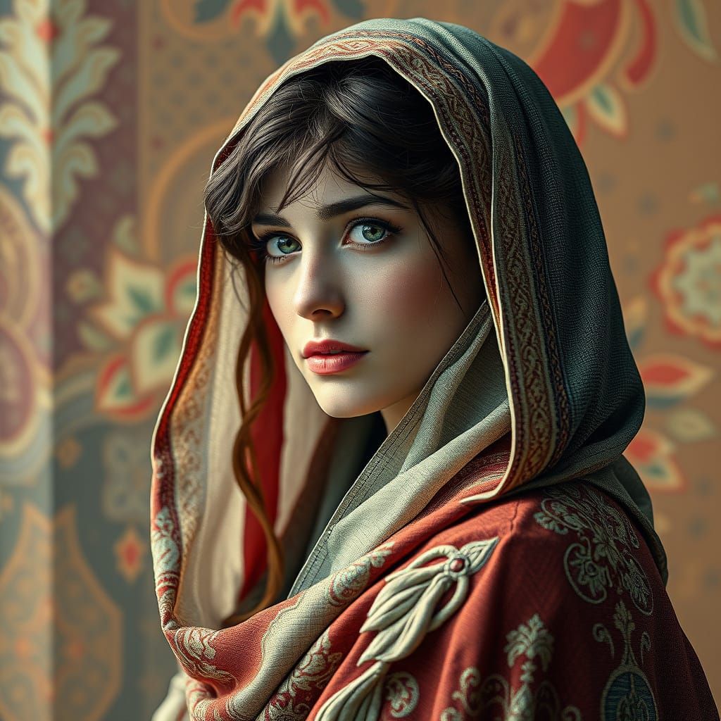 Slavic Woman in Ancient Robe - Fine Line Engraving