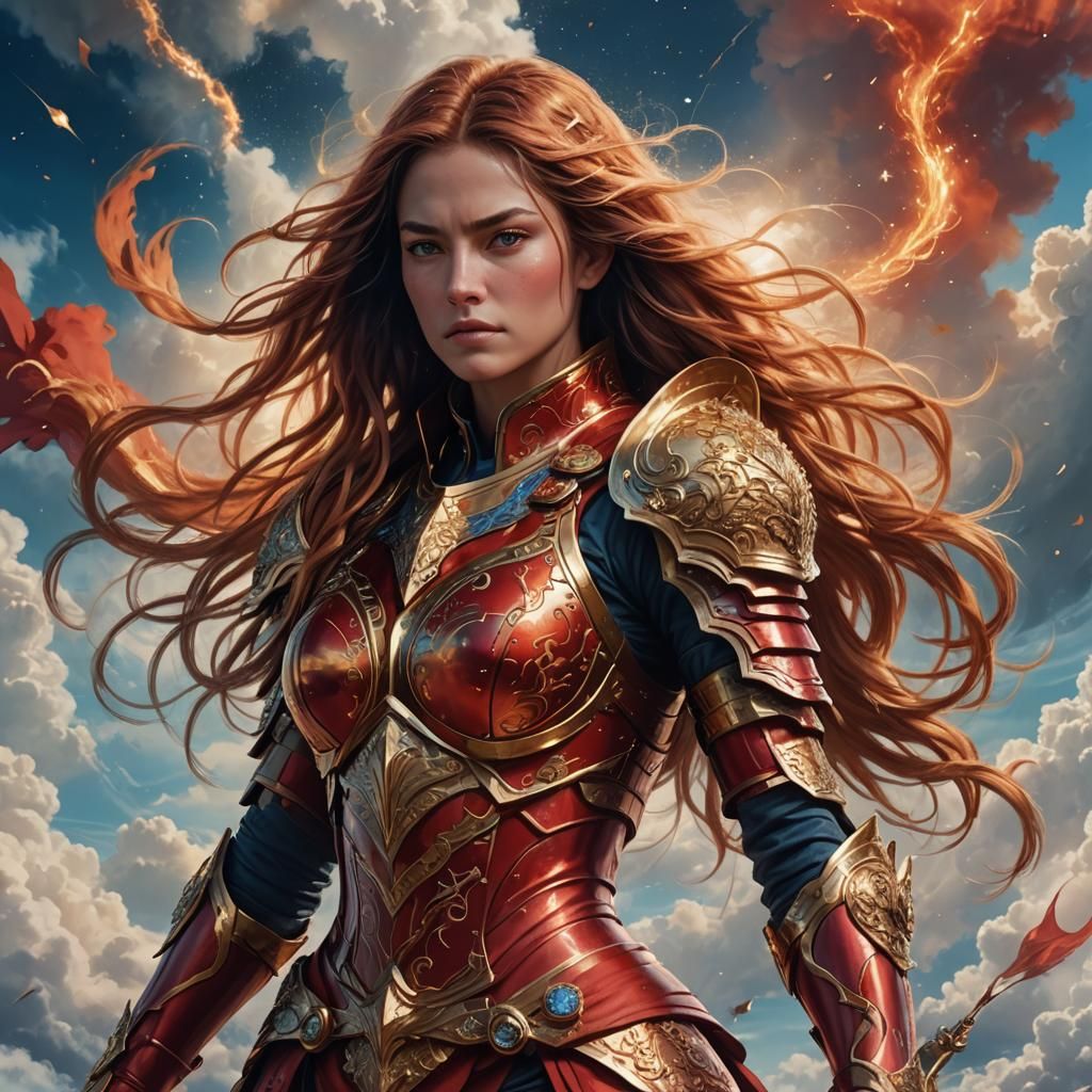 Aries Woman in Fiery Armor, Digital Matte Painting