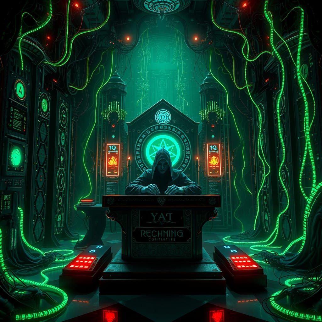 Mystical Data Center Throne Room in High-Tech Fantasy Style
