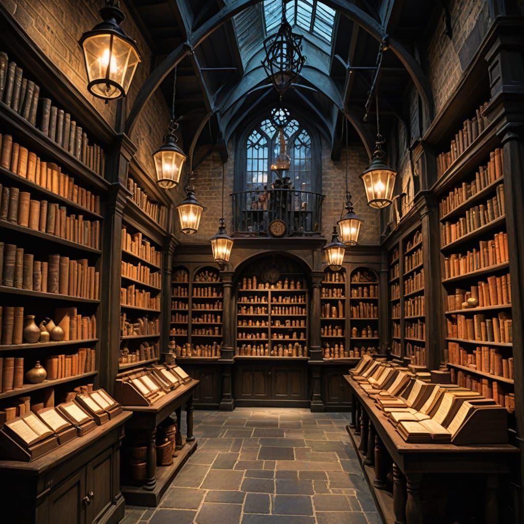 potions and spell books, inside the Magic shop on Diagon All...