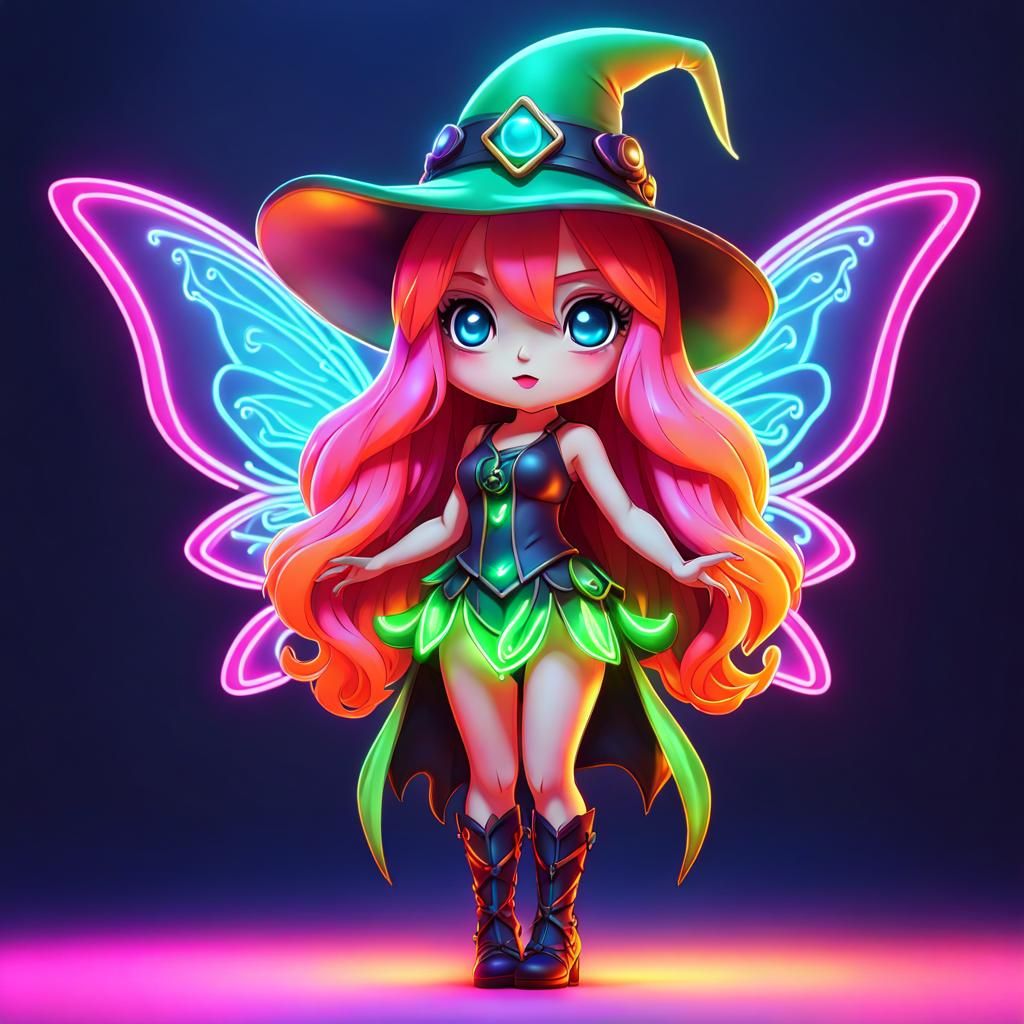 Neon Chibi Fairy Witch in Hyperrealistic Style