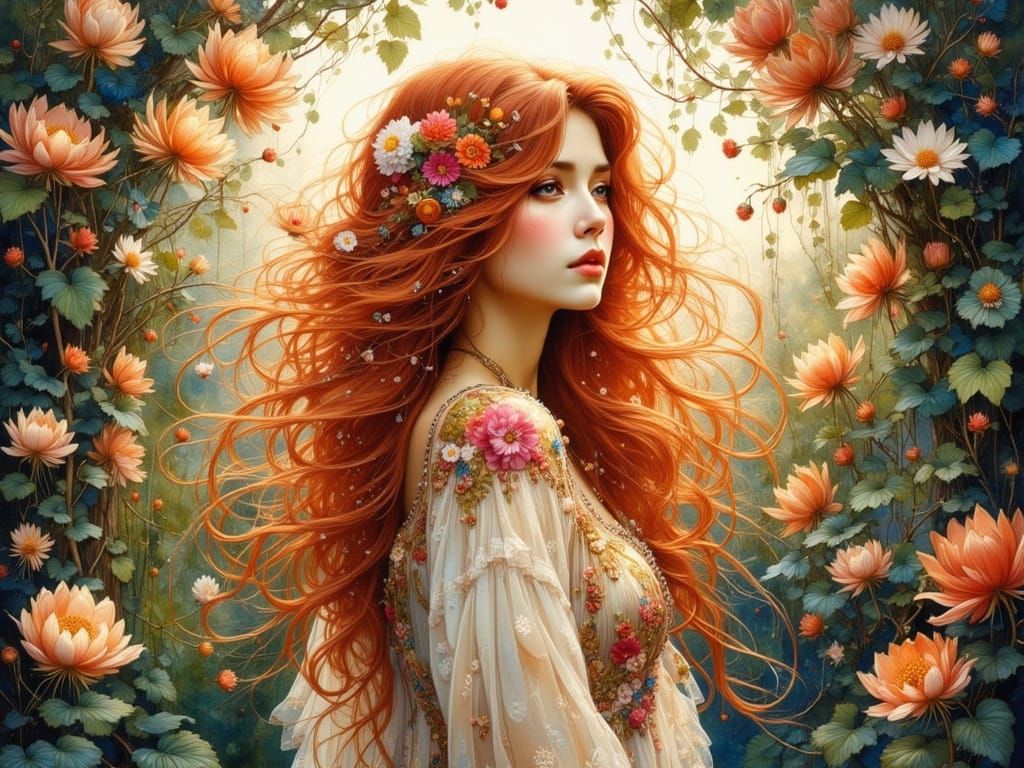 Art Nouveau Watercolor Portrait of Woman in Lush Garden