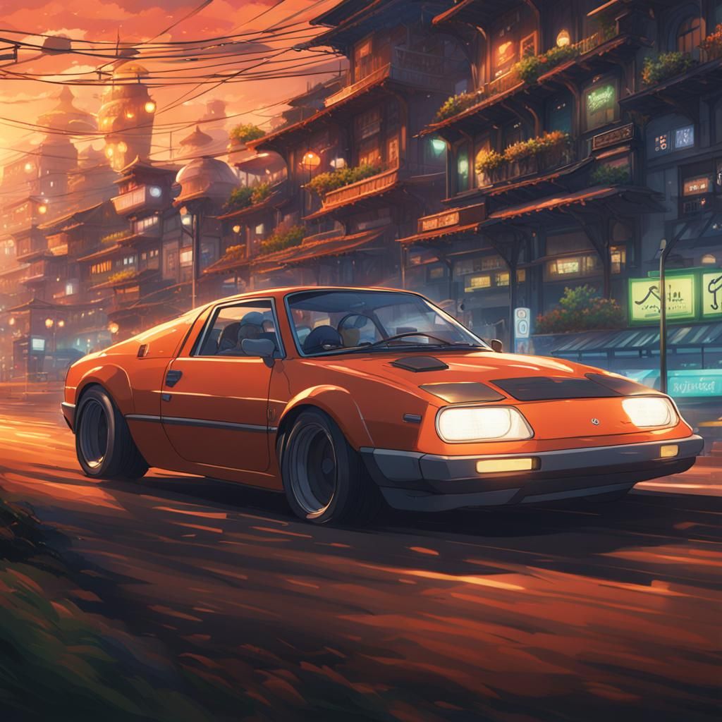 Anime Sports Car Racing at Night