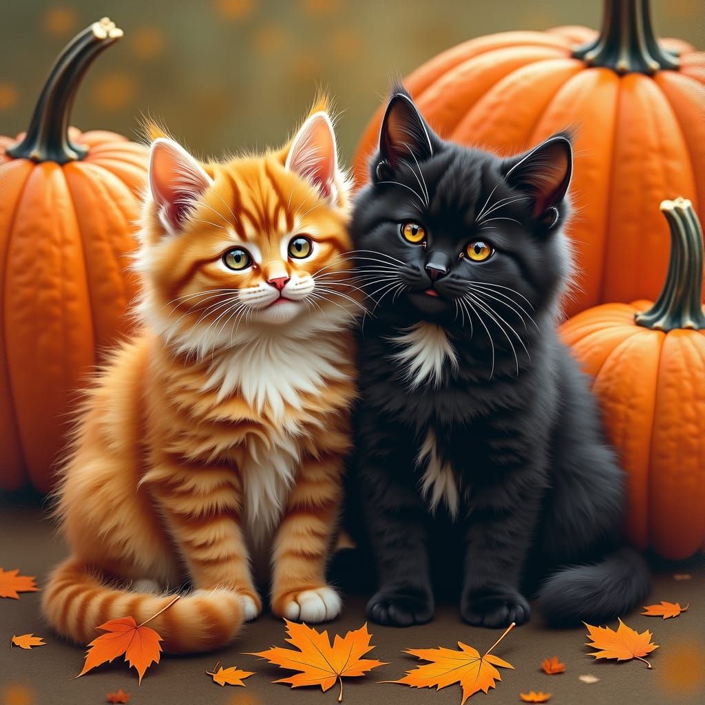 Cats in a Pumpkin Patch: Impressionistic Autumn Scene