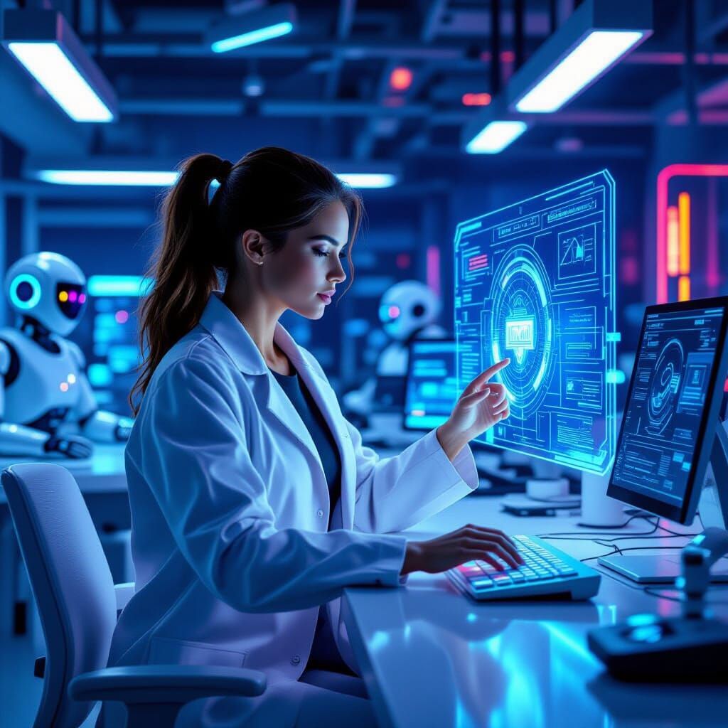 Futuristic Woman in Sci-Fi Lab with Holographic Interface