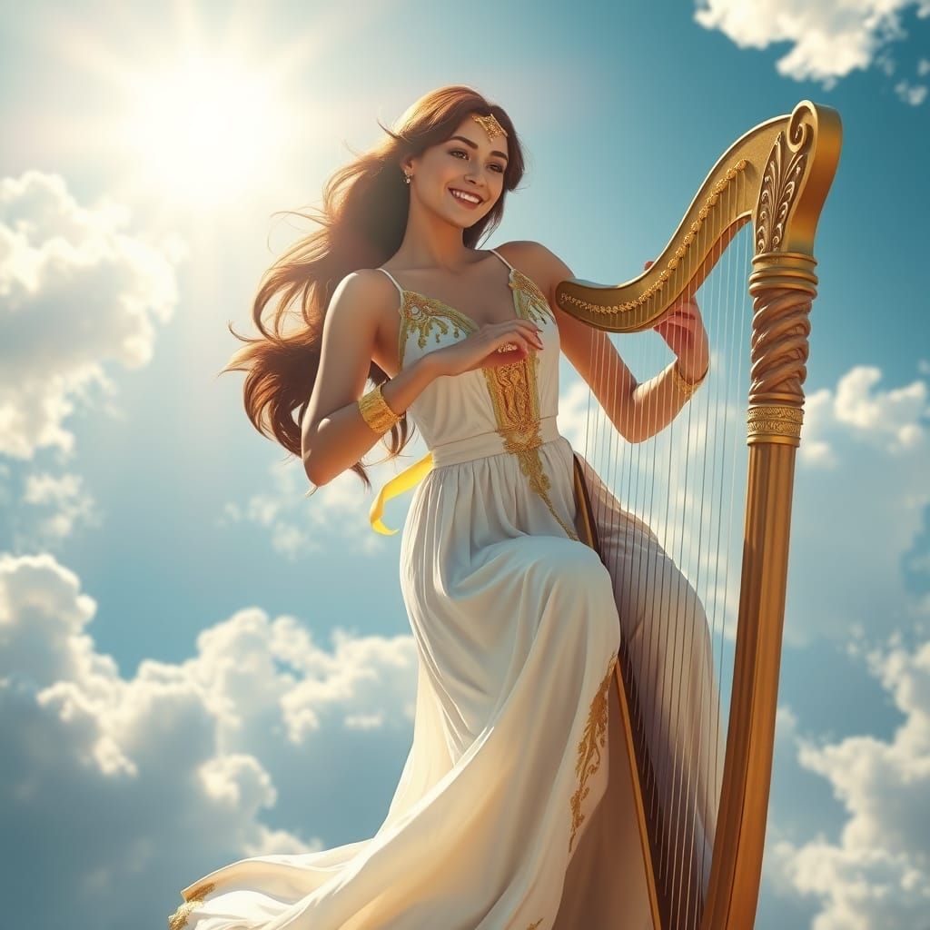 Brunette Harpist Soaring in a Heavenly Sky