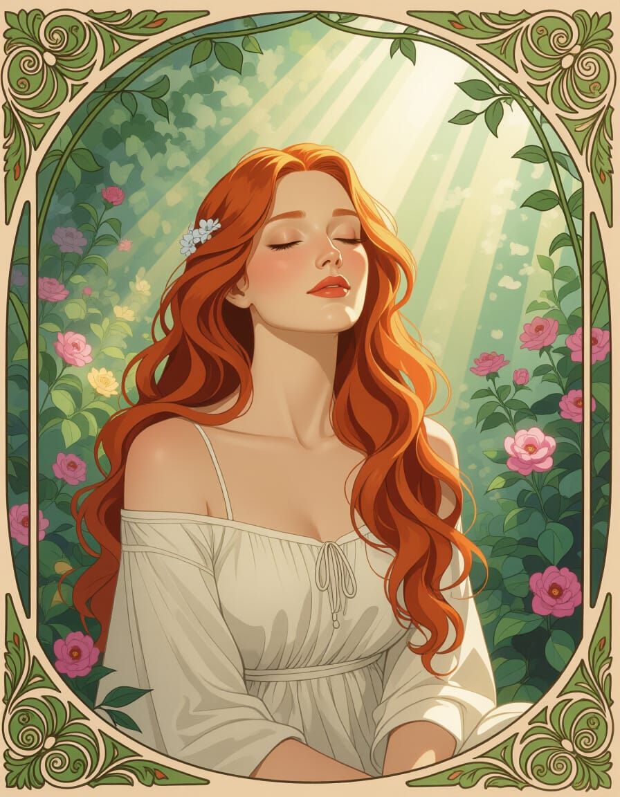Serene Auburn-Haired Woman in Tranquil Garden