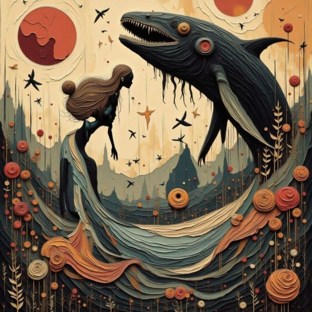 Mermaid Flees Giant Whale in Surreal Underwater Scene