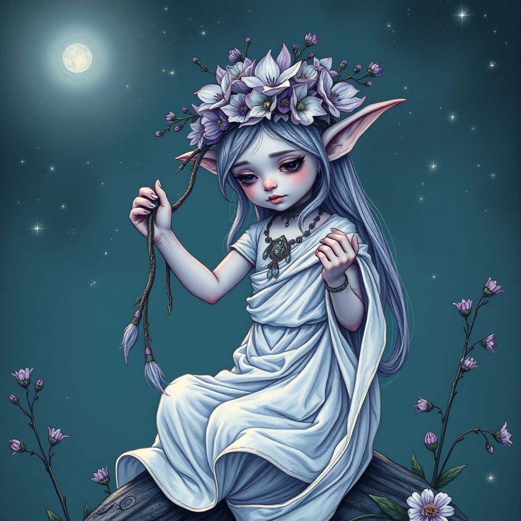 Goblin Girl Weaving Flower Crown Under Starlit Sky