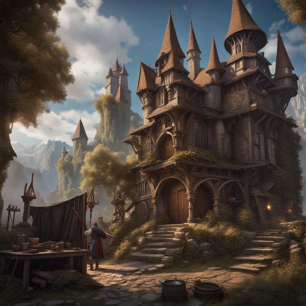 Medieval Man Working in Fantasy Workshop