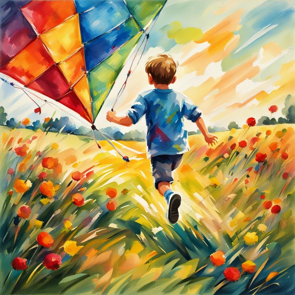 Boy and Kite: Gouache Style Impressionist Masterpiece