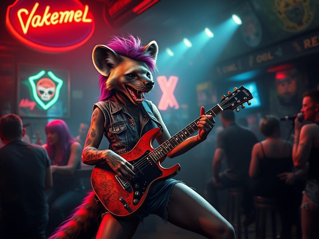 Electric She-Hyena in Smoky Post-Apocalyptic Dive-Bar