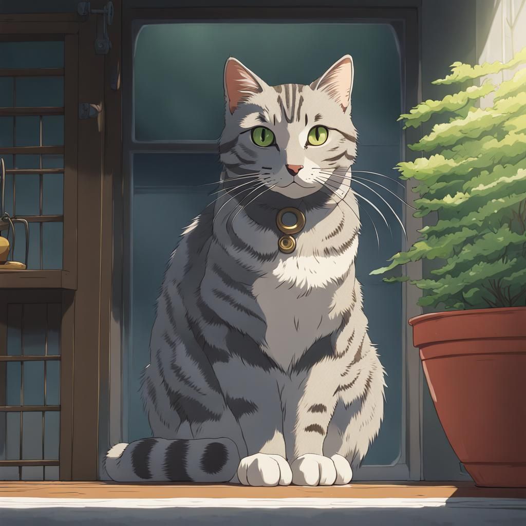 Gray Tabby Cat in Anime Style