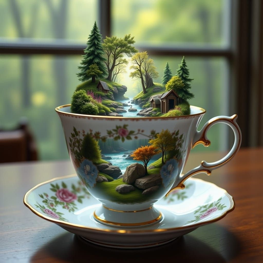 Ethereal Teacup Vortex in Hyperrealistic Miniature