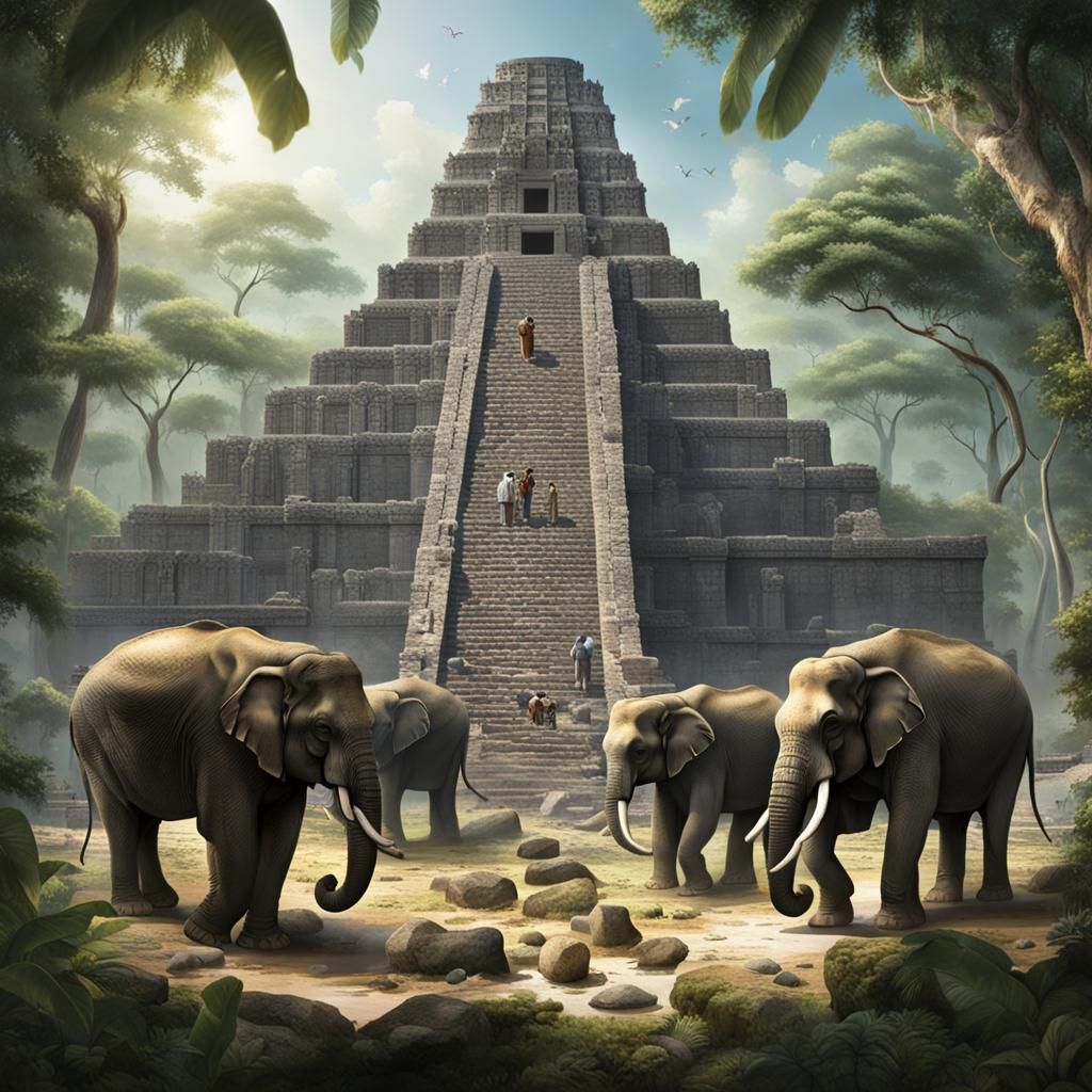 Elephants Constructing Mayan Temple in Jungle