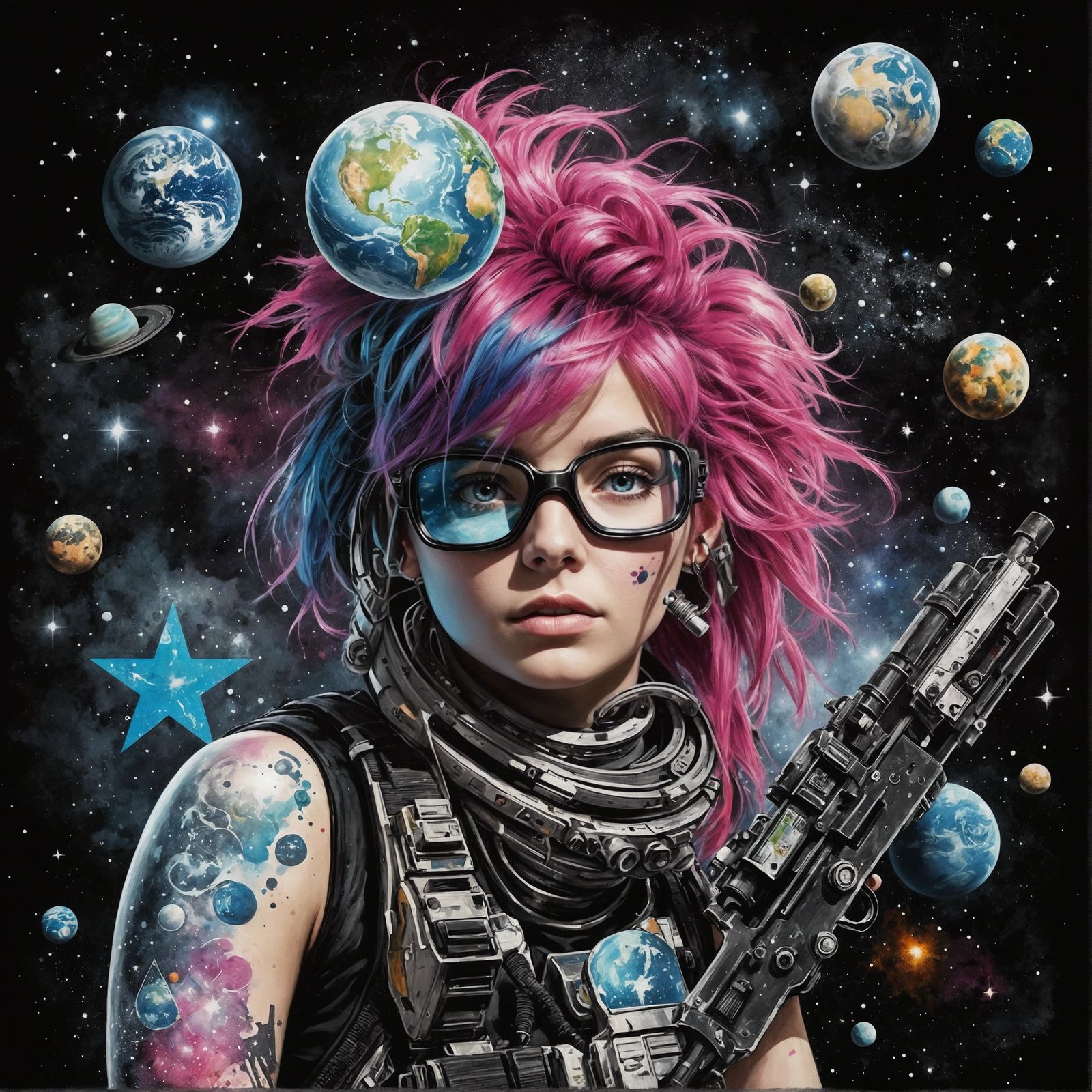 Punk Girl in Space: Modern Ink Painting