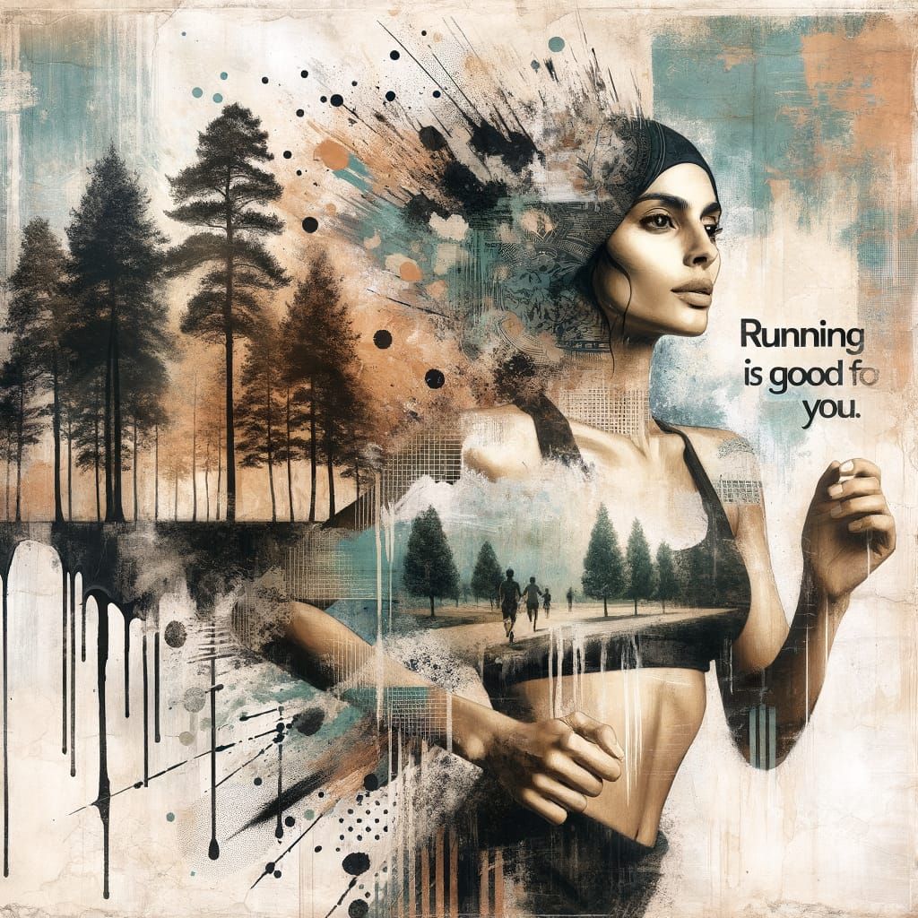 Mixed Media Artwork: Woman Running in Grungy Forest