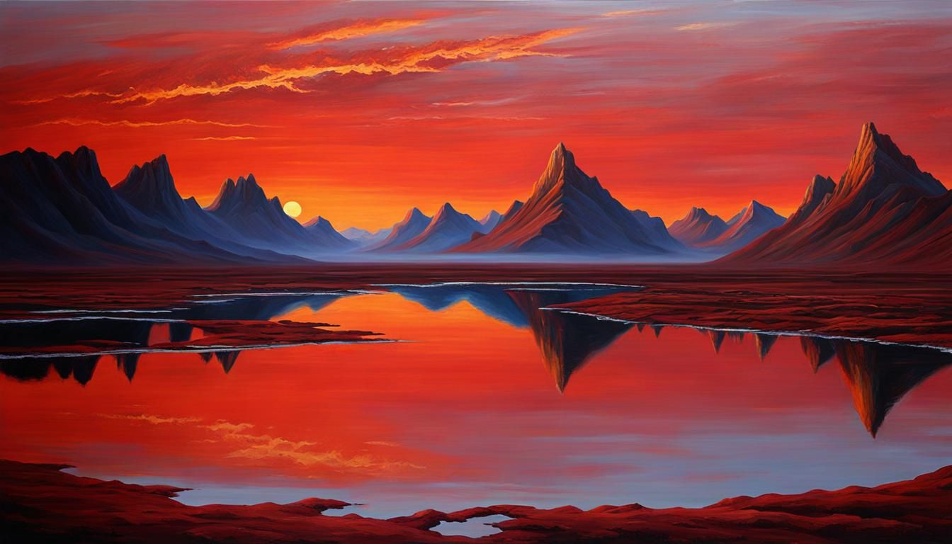 Exoplanet Sunset: Red Mountains in Oil Paint Style
