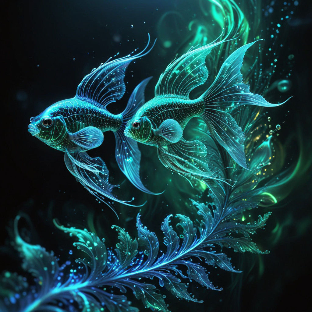 Realistic Digital Art of Iridescent Fish and Northern Lights