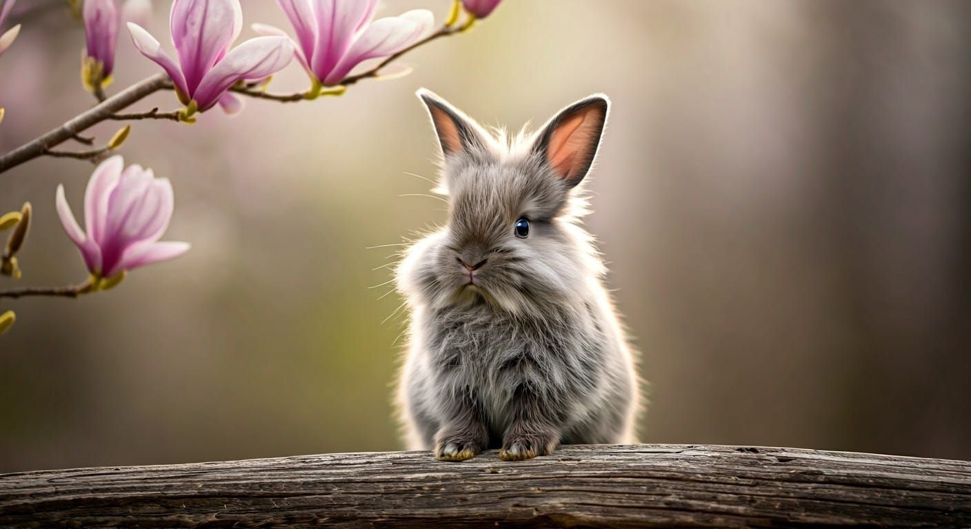 Rabbit Enjoys Spring Breeze Near Magnolia Tree