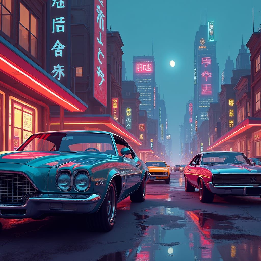 Sleek Cars in Futuristic Cityscape at Dusk