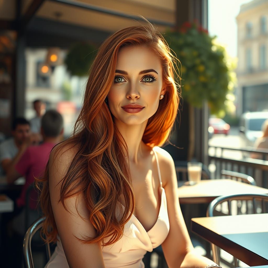 Auburn-Haired Woman in London Cafe, Hyperrealistic Style