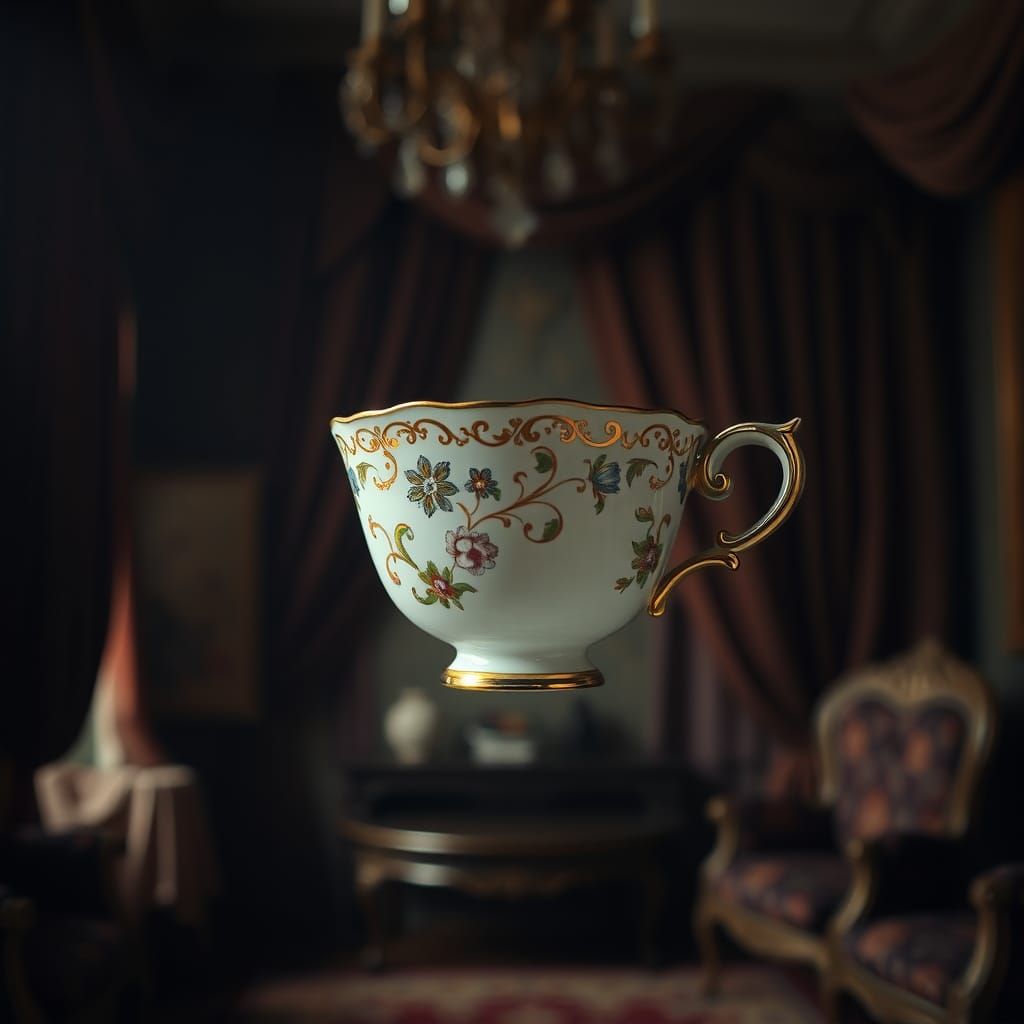 Surreal Teacup in Dreamlike Interior, Abstract Expressionism