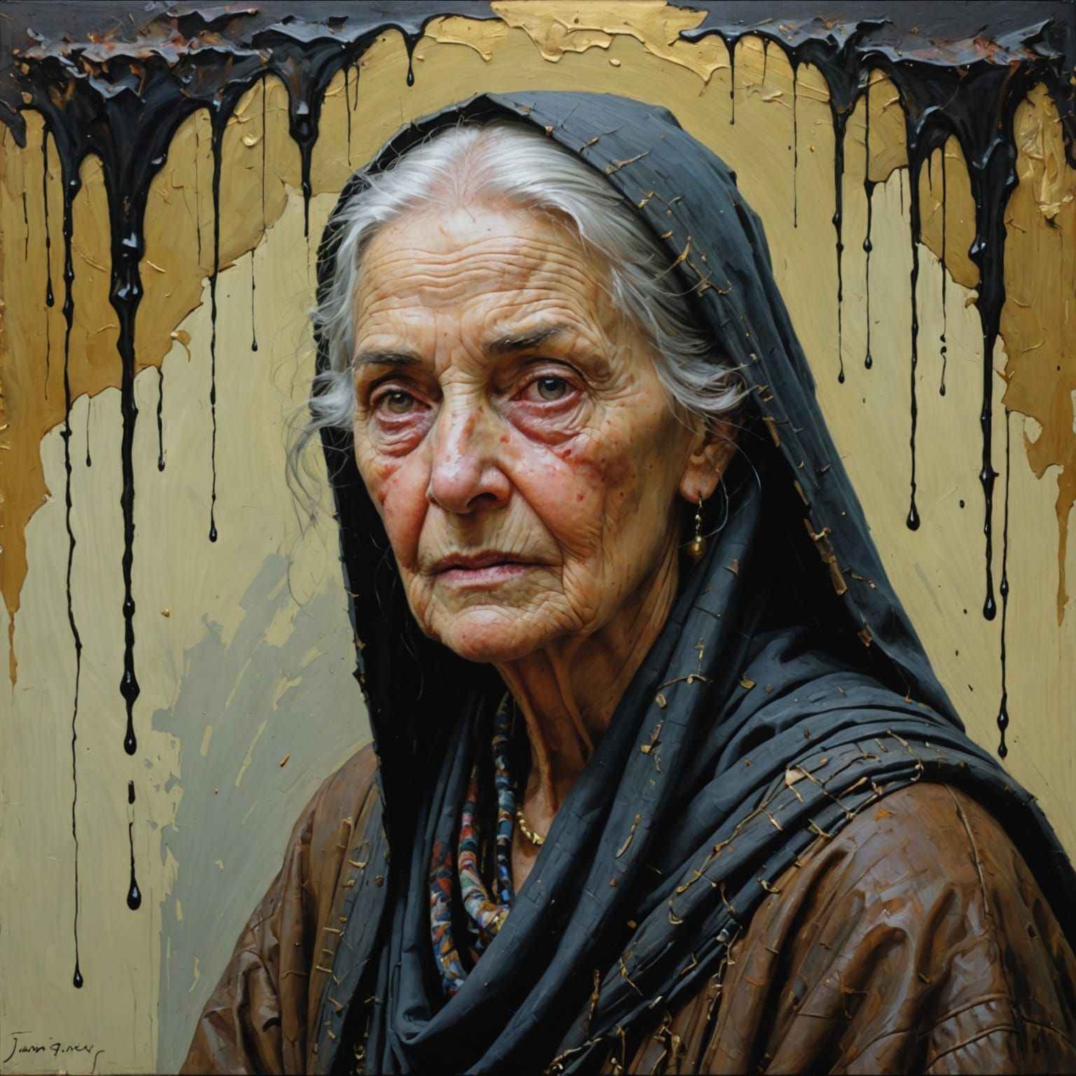 Woman Split Between Youth and Old Age as Oil Painting
