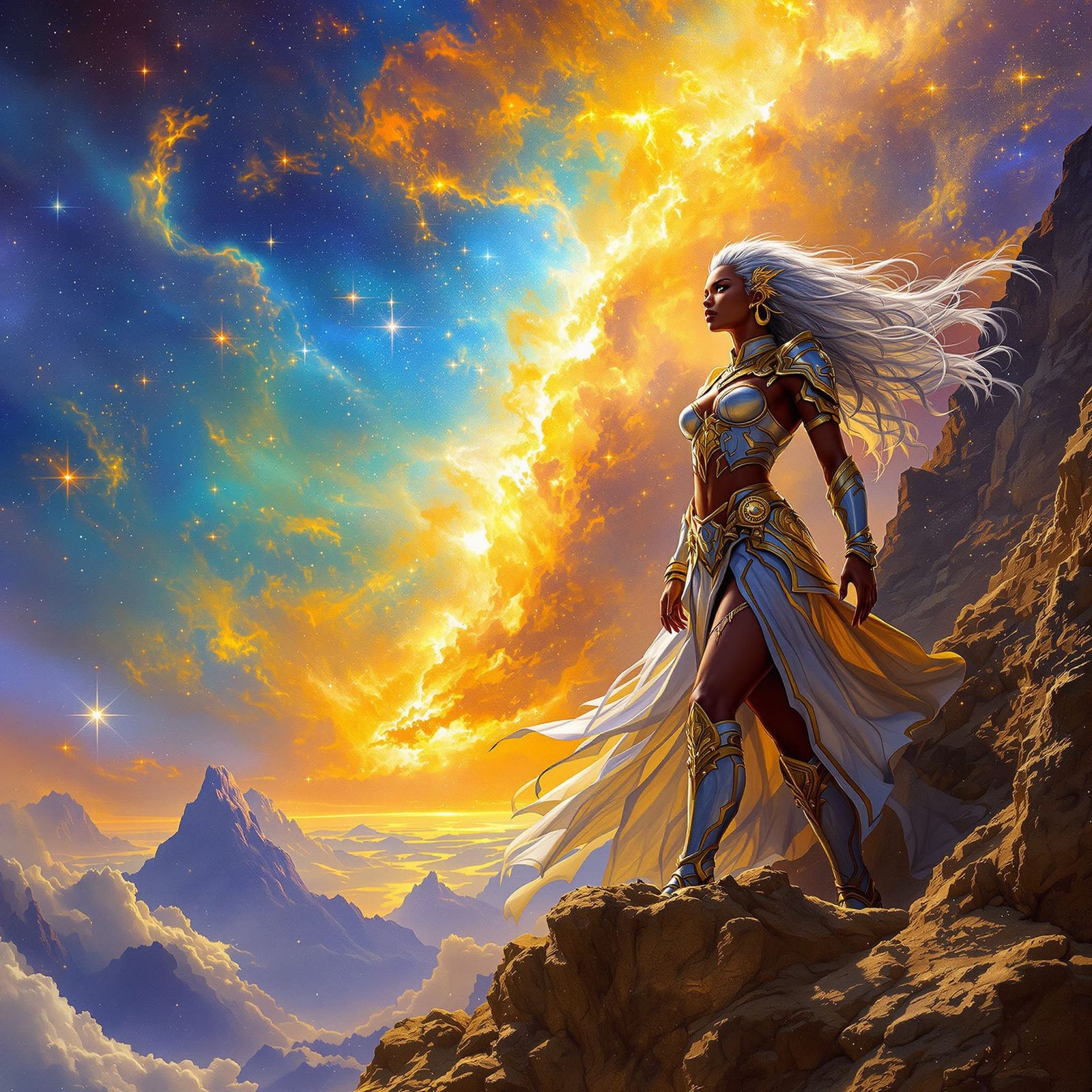 African Warrior Woman on Mountaintop in Nebula