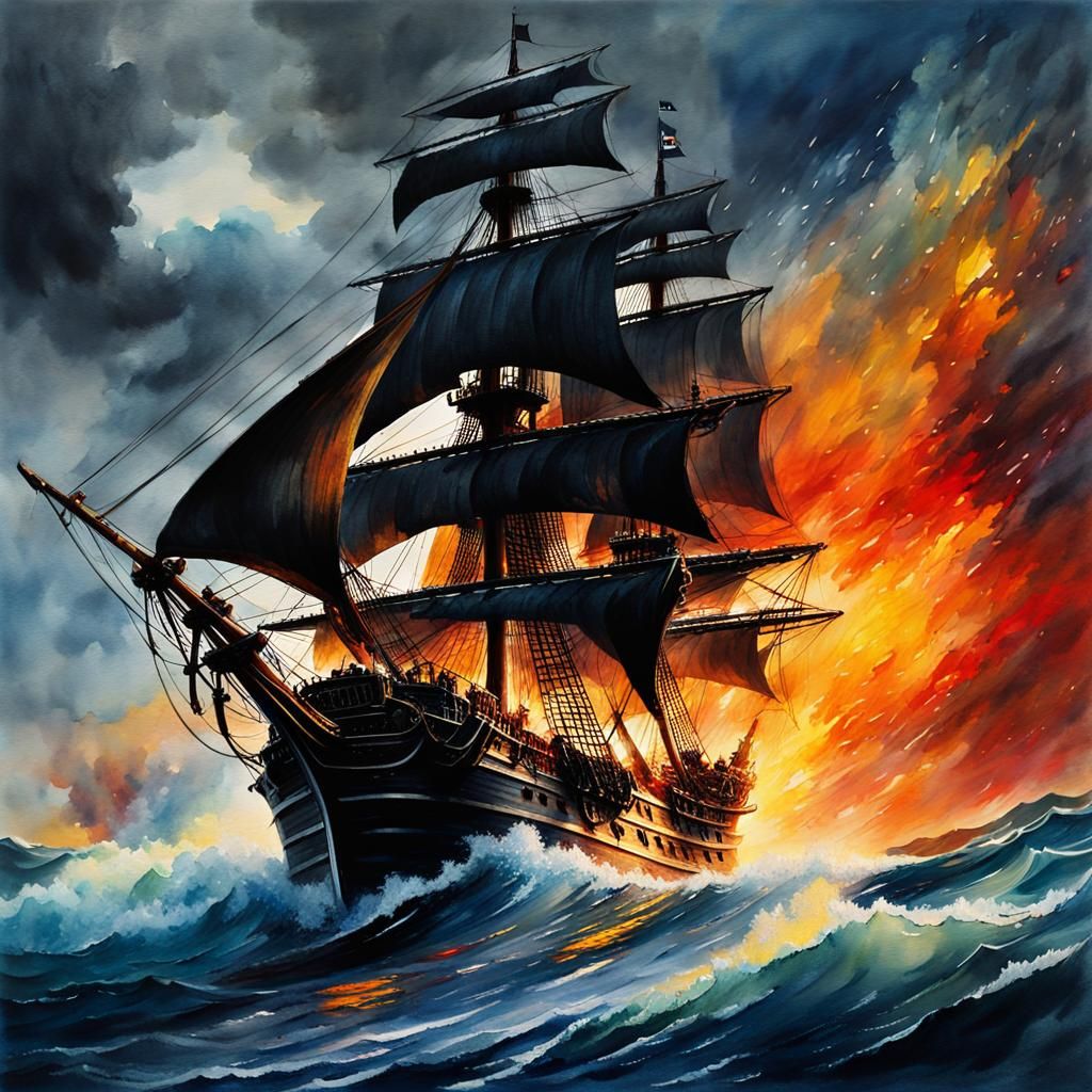 Pirate Ship Ablaze in Stormy Seas: Watercolor Style