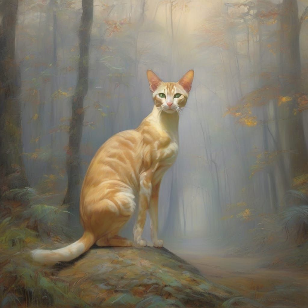 Oriental Cat in Misty Forest Painting