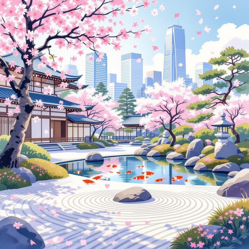 Zen Garden in Metropolis, Inspired by Ukiyo-e Prints