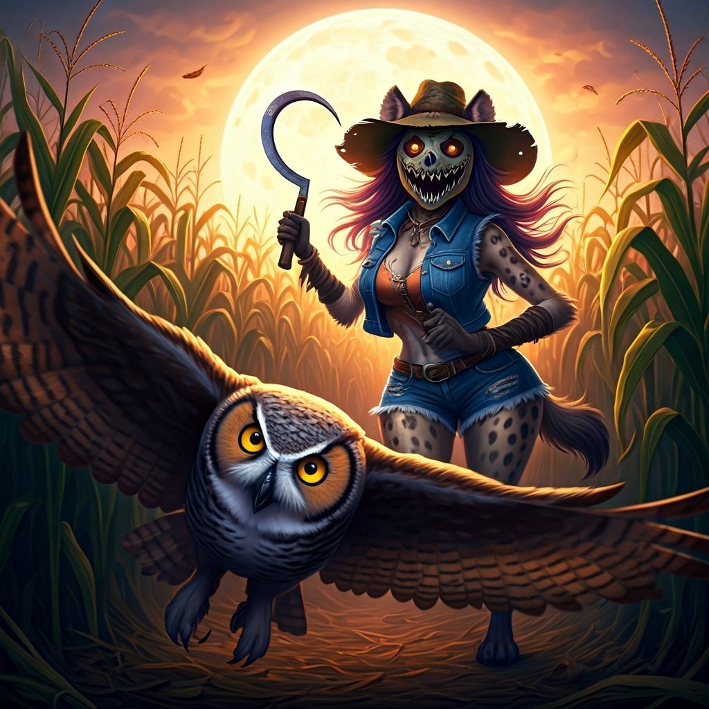 Folk-Horror Owl Flees Hyena in Autumn Corn Maze