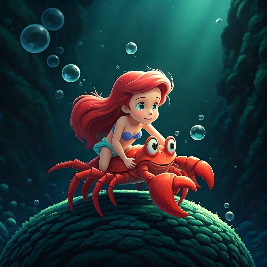 Ariel Riding a Crab in Ghibli Anime Style