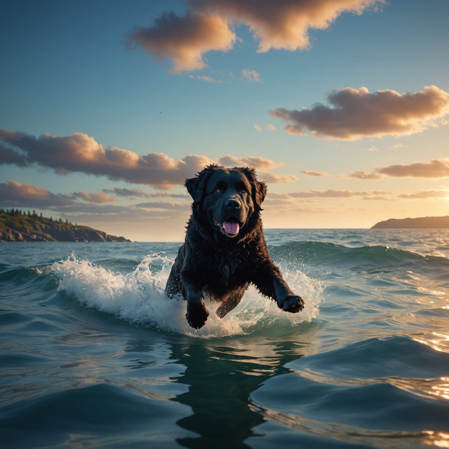 Newfoundland Dog Diving in Calm Waters: Fantasy Art