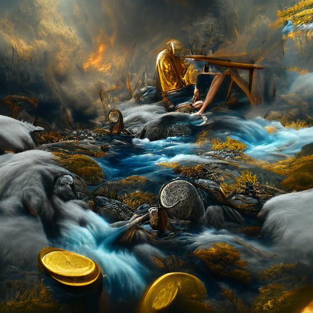 Kalevala Sampo Forging Gold Coins: Digital Illustration