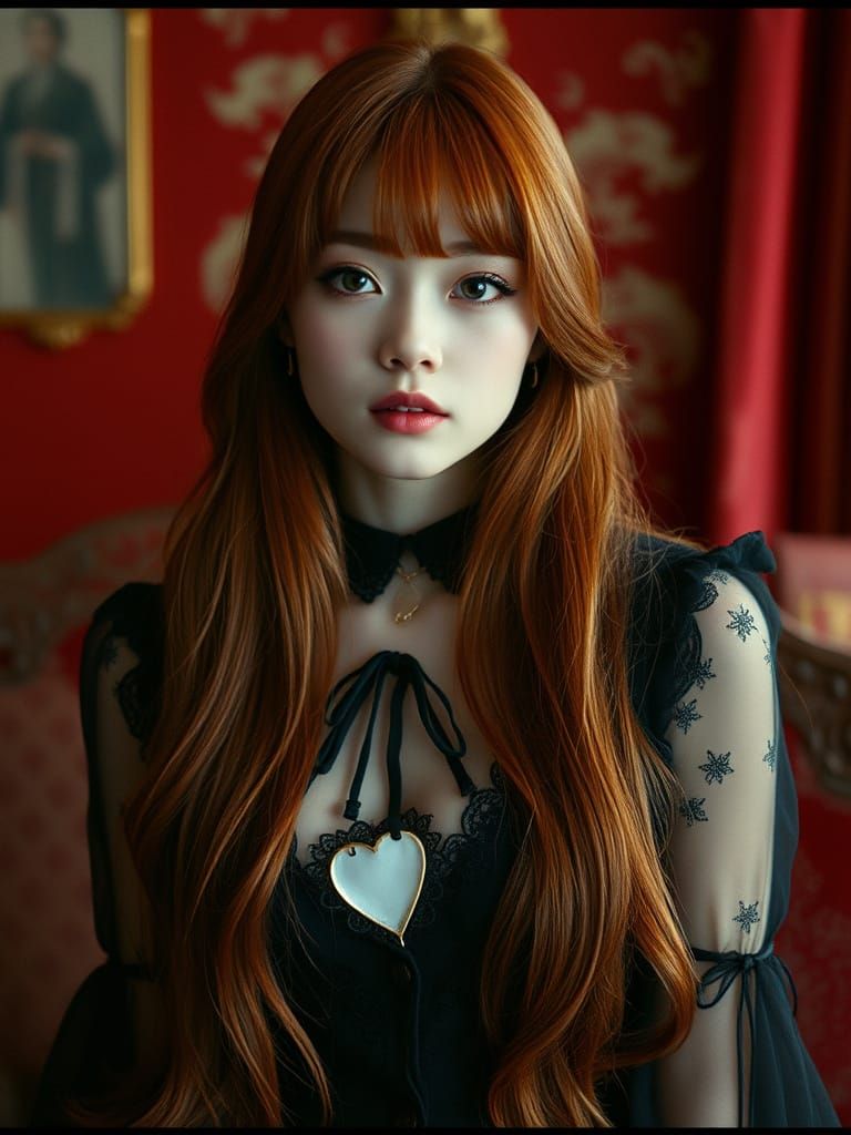 Elegant Japanese Princess with Long Red Hair and Green Eyes