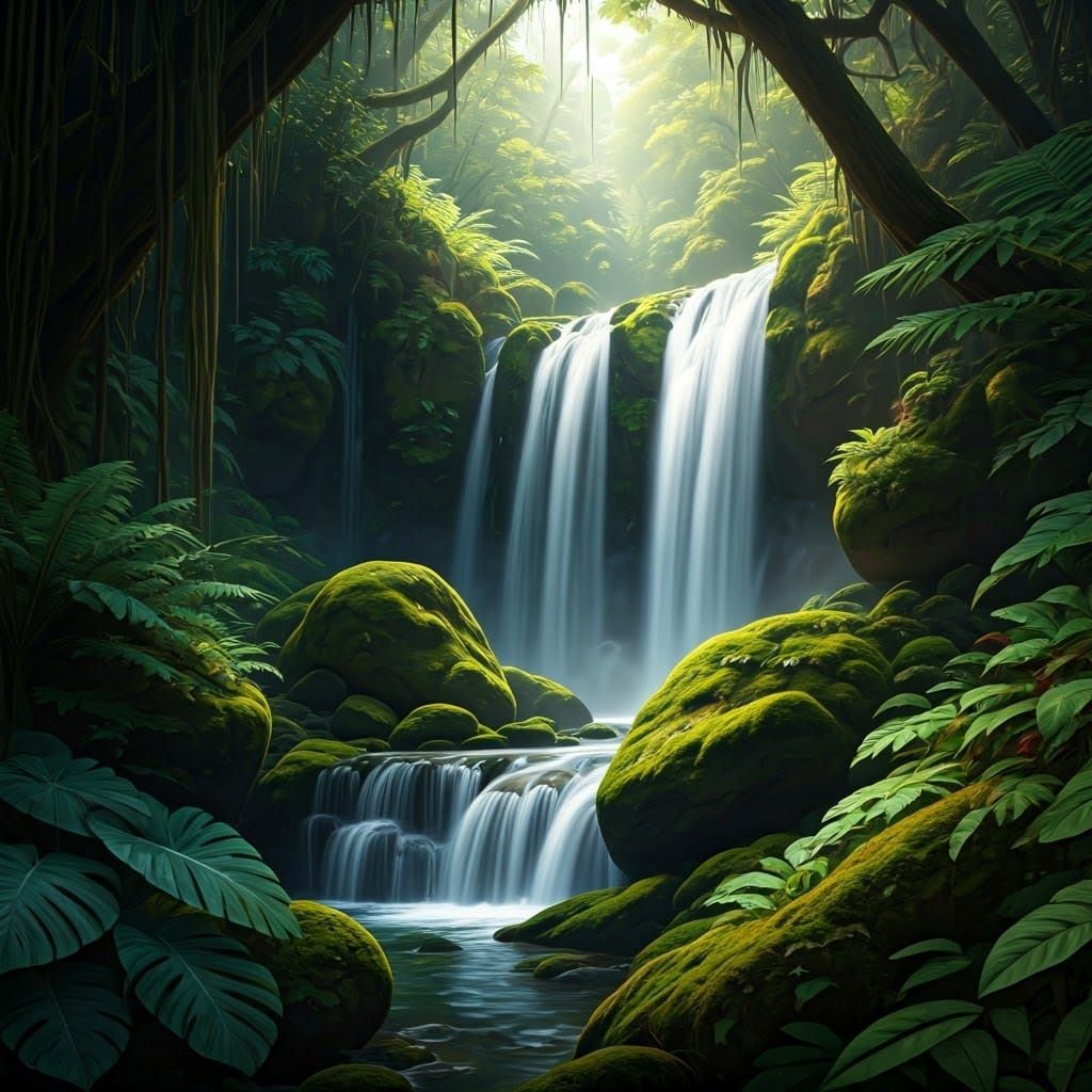 Fractal Flow: Tropical Waterfall in a Lush, Voluminous Fores...