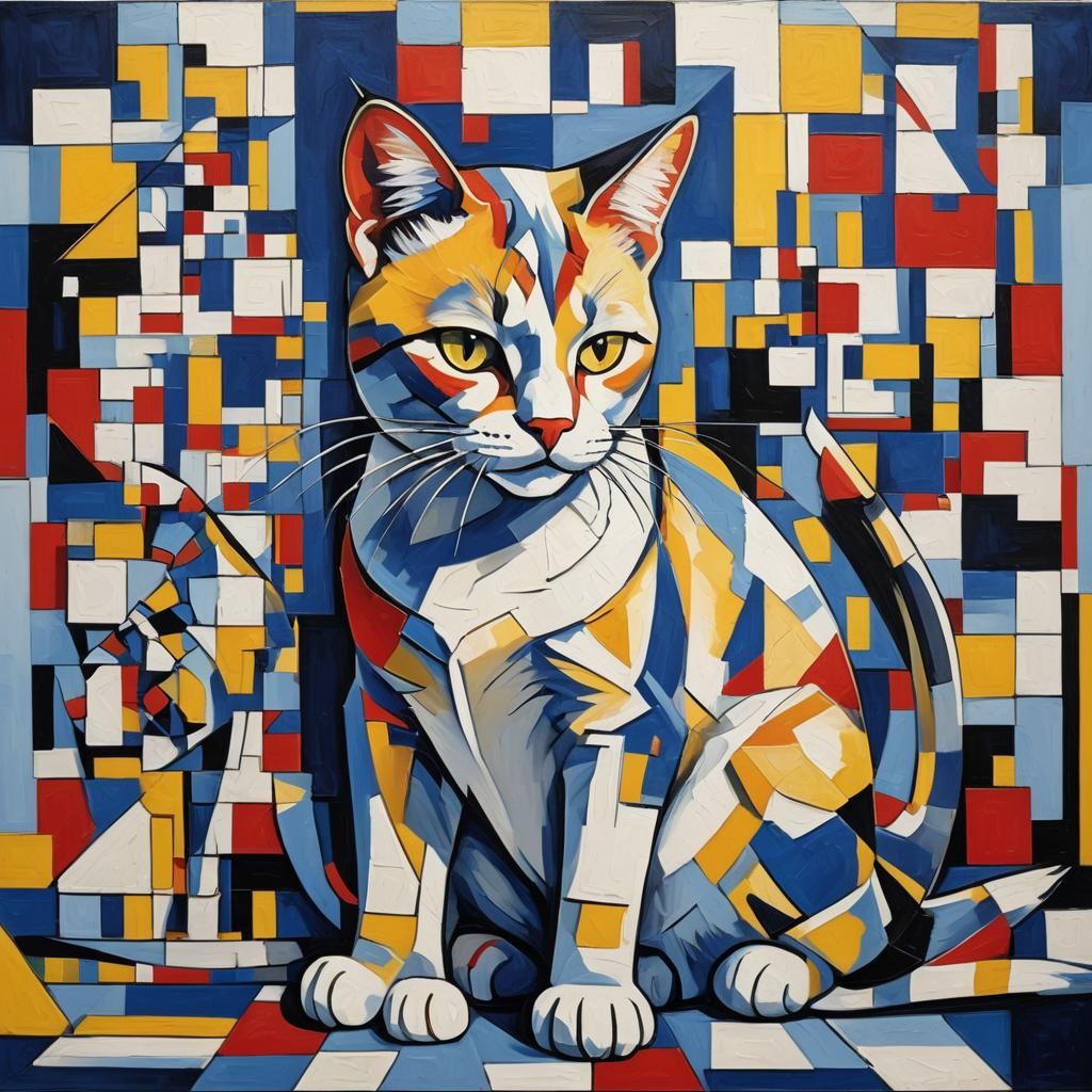 Geometric Cat in Vibrant Primary Colors