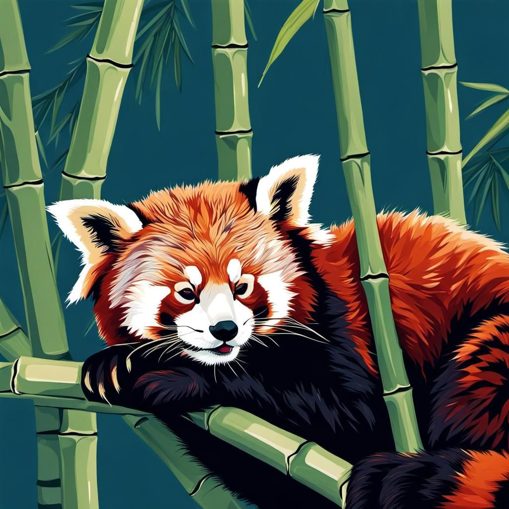 Red Panda Sleeping on Bamboo in Abstract Art