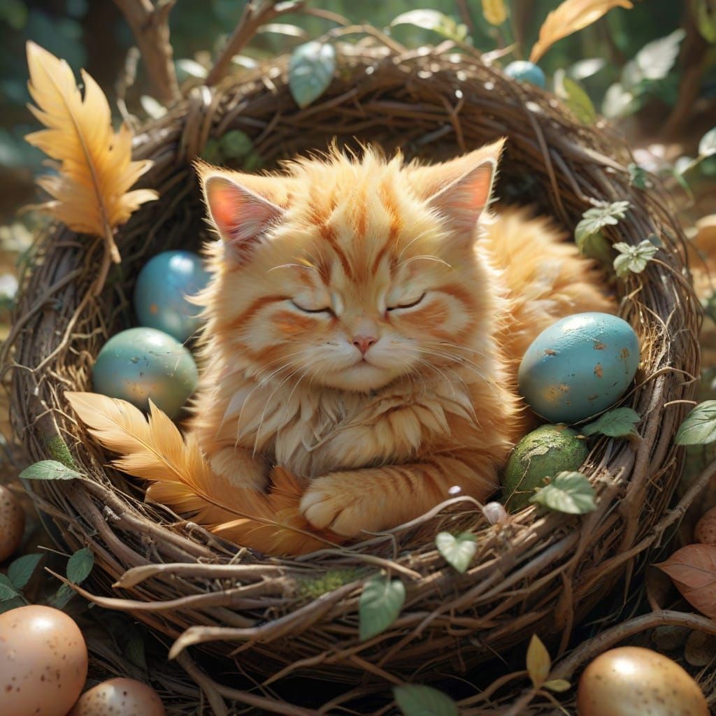 Cozy Golden Kitten in Whimsical Japanese-Inspired Bird's Nes...