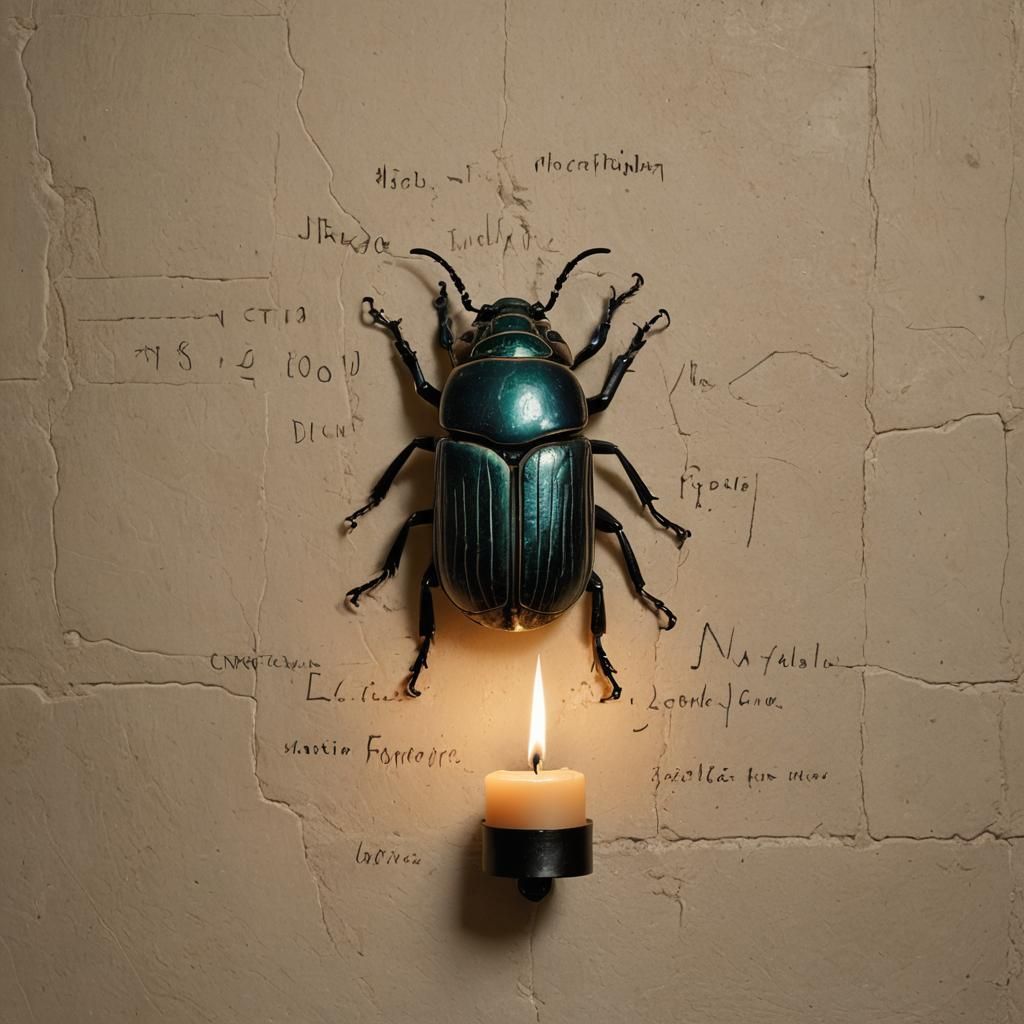 Scarab Beetle and Candle by Ancient Wall