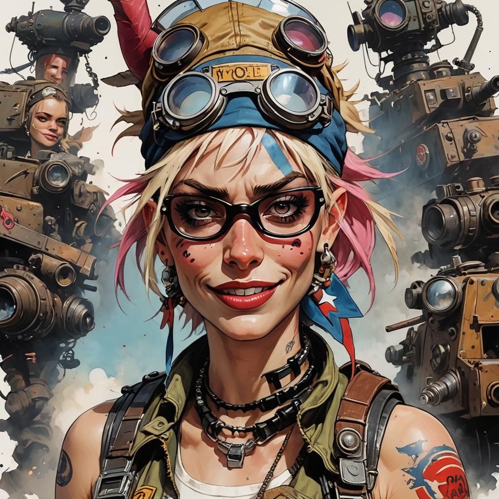 a close up of Jamie Hewlett’s Tank Girl wearing a hat and go...