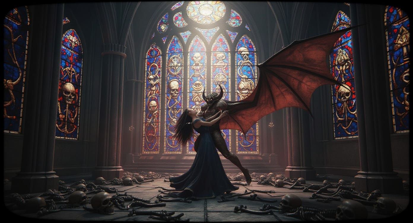Woman Dances with Demon in Ethereal Cathedral