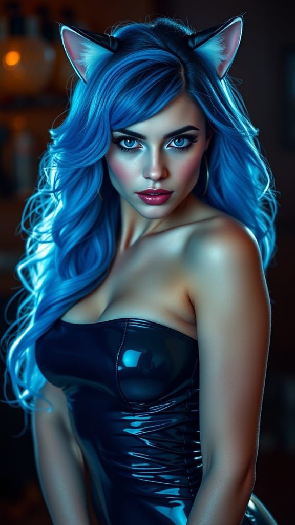 Sultry Woman in Latex Dress with Kitten Ears, Blue Hair