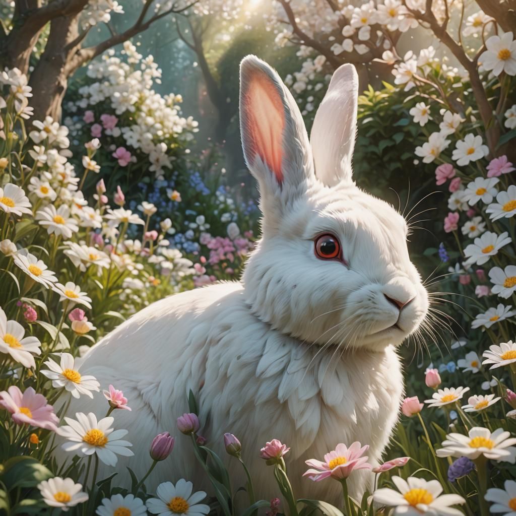 Cute Rabbit in Fantasy Garden, Digital Art
